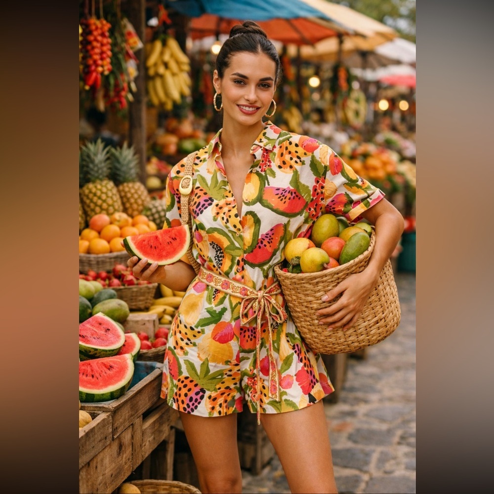 FARM Rio Tropical Fruit Print Short Sleeve Romper - Pink, Green, Yellow, Orange